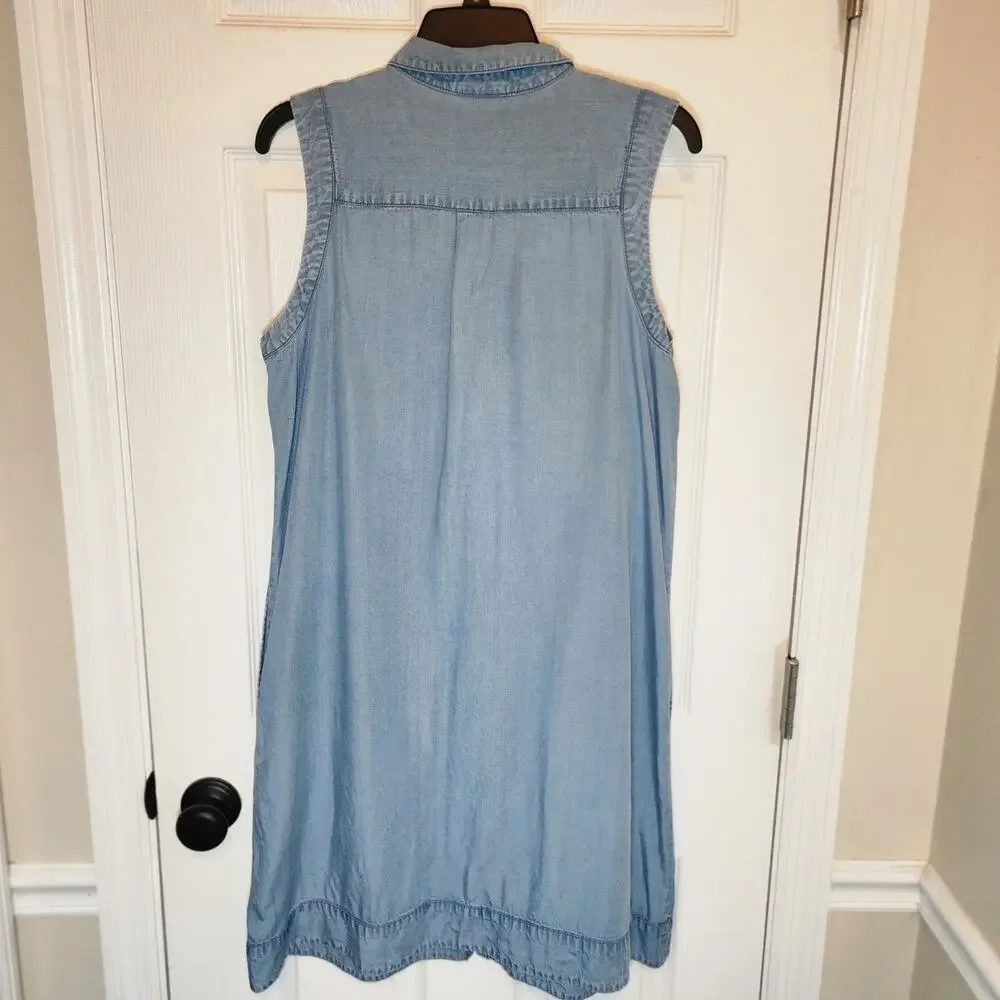 J. Jill Denim Medium Blue Relaxed Casual Sleeveless Button-Up Dress Pockets - Picture 3 of 8